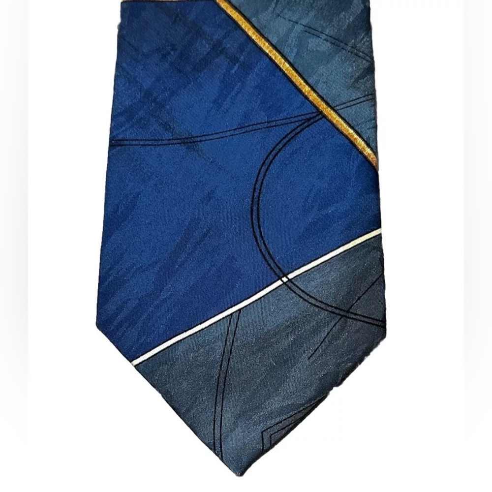 Jean‑Baptiste Caumont Men’s 100% Silk Tie Blue Gold Abstract Geometric 57” x 3.7